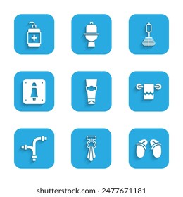 Set Tube of toothpaste, Towel on hanger, Flip flops, Industry metallic pipe, Female toilet, Toilet brush and Hand sanitizer bottle icon. Vector