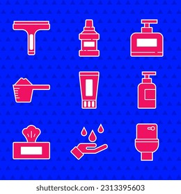 Set Tube of toothpaste, Washing hands with soap, Toilet bowl, Bottle shampoo, Wet wipe pack, powder,  and Rubber cleaner icon. Vector