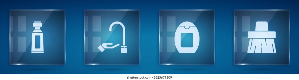 Set Tube of toothpaste, Washing hands with soap, Bottle shampoo and Handle broom. Square glass panels. Vector