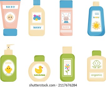 Set Of Tubes And Botteles For Baby Skin Care. Cosmetics For Babies, Kids. Cosmetics Tubes With Kids Design. Shampoo, Gel, Oil, Soap, Cream. Vector Illustration, Isolated On White Background