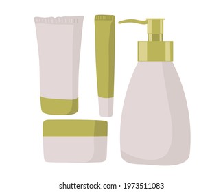Set of tubes, bottles, jars for cream on white background. Isolated cosmetic package design template, plastic container set. Skin and body care, toilets. Beauty products. Flat Vector Illustration