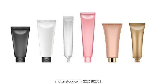 Set of tubes with cosmetics, cream blank packages. Hygiene moisturizing lotion, toothpaste and shampoo tubes containers. Health care gel product packaging template. Realistic vector illustration