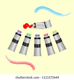 Set of tubes with different paint color lying around another tube with spilled red paint. Vector illustration on beige background with brush strokes. Perfect for art schools and shops.
