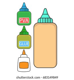 A set of tubes with glue. Different jars with liquid. Vector illustration.