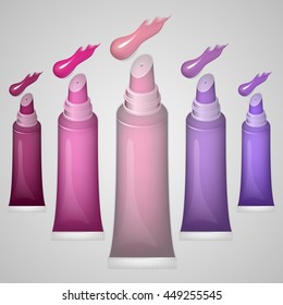 Set Of Tubes With Lip Gloss. Smear Lip Gloss. Vector Illustration