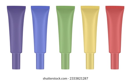 Set of tubes with long cap. Purple, yellow, white, blue and red. Cosmetic packaging. Serum or ointment. Gel or cream