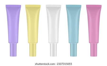 Set of tubes with long cap. Purple, yellow, white, blue and pink. Cosmetic packaging. Serum or ointment. Gel or cream