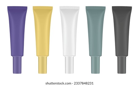 Set of tubes with long cap. Purple, gold, white, green and black. Cosmetic packaging. Serum or ointment. Gel or cream