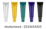 Set of tubes with long cap. White, gold, green, blue and black tubes. Cosmetic packaging. Serum or ointment. Gel or cream. Foundation or concealer. 3d	
