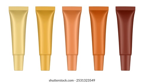 Set of tubes with long cap. Yellow, gold, beige, bronze and brown tubes. Cosmetic packaging. Serum or ointment. Gel or cream. Foundation or concealer. 3d