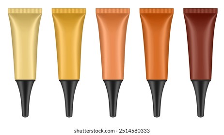 Set of tubes with long nozzle and black cap. Yellow, gold, beige, bronze and brown tubes. Cosmetic packaging. Serum or ointment. Gel or cream. Foundation or concealer. 3d	