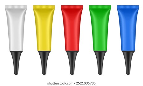 Conjunto de tubos con boquilla larga y tapa negra. Tubos blanco, amarillo, verde, rojo y azul. Envases cosméticos. Suero o ungüento. Gel o crema. Base o corrector. 3D