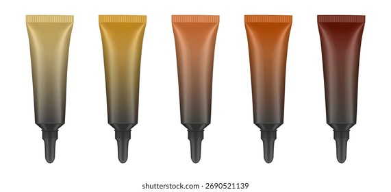 Conjunto de tubos con boquilla larga y tapa negra. Tubos degradados amarillos, dorados, beige, bronce y marrones. Envases cosméticos. Suero o ungüento. Gel o crema. Base o corrector. 3D