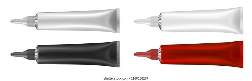 Set of tubes with long nozzle and long cap. Red, white, black and silver. Cosmetic packaging. Serum or ointment. Gel or cream. Vector illustration isolated on a white background