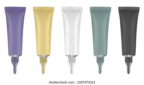 Set of tubes with long nozzle and long cap. Purple, yellow, white, green and black. Cosmetic packaging. Serum or ointment. Gel or cream. Vector illustration isolated on a white background