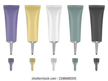 Set of tubes with long nozzle and long cap. Purple, yellow, white, green and black. Cosmetic packaging. Serum or ointment. Gel or cream. Open