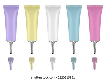 Set of tubes with long nozzle and long cap. Purple, yellow, white, blue and pink. Cosmetic packaging. Serum or ointment. Gel or cream. Open