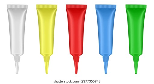 Set of tubes with long nozzle and long cap. Green, yellow, white, blue and red. Cosmetic packaging. Serum or ointment. Gel or cream