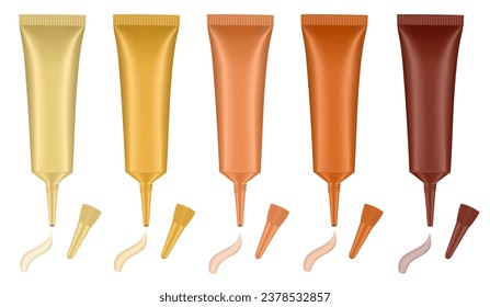 Set of tubes with long nozzle and cream smear. Shades of beige. Cosmetic packaging. Serum or ointment. Gel or cream. Foundation or concealer. 3d