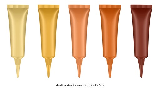 Set of tubes with long nozzle. Shades of beige. Cosmetic packaging. Serum or ointment. Gel or cream. Foundation or concealer. 3d