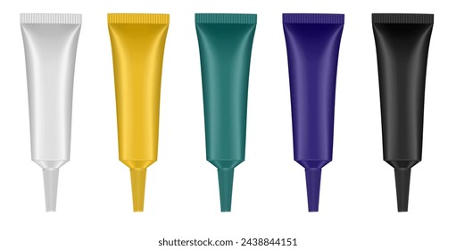 Conjunto de tubos con boquilla larga. Tubos blancos, dorados, verdes, morados y negros. Embalaje cosmético. Suero o ungüento. Gel o crema. Base o corrector. 3d