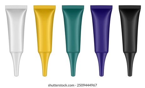 Rohrbündel mit langer Düse. Weiße, goldene, grüne, violette und schwarze Röhren. Kosmetische Verpackung. Serum oder Salbe. Gel oder Sahne. Stiftung oder Verdecker. 3d