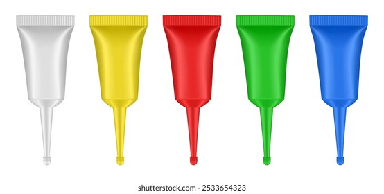 Conjunto de tubos con boquilla larga. Tubos blanco, amarillo, rojo, verde y azul. Envases cosméticos. Suero o ungüento. Gel o crema. Base o corrector. 3D	