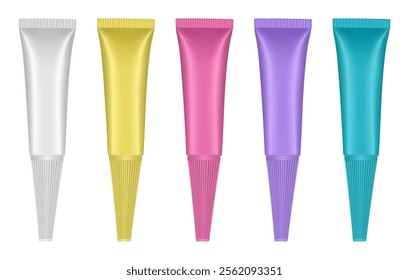 Set of tubes with long nozzle. White, yellow, pink, purple and blue tubes. Cosmetic packaging. Serum or ointment. Gel or cream. Foundation or concealer. 3d	