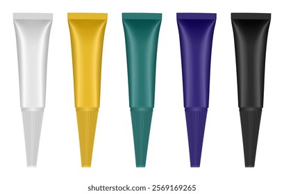 Set of tubes with long nozzle. White, gold, teal, purple and black tubes. Cosmetic packaging. Serum or ointment. Gel or cream. Foundation or concealer. 3d