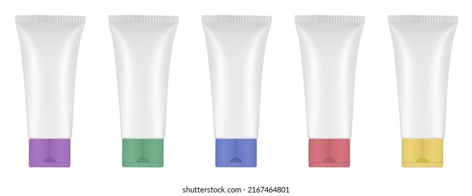 Conjunto de tubos con tapas multicolores. 3.ª burla. Paleta arcoiris. Púrpura, azul, verde, amarillo y rojo. Crema de mano, máscara o loción. champú profesional. Botella de plástico.