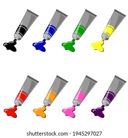 Un conjunto de tubos de pintura de diferentes colores. Negro, azul, amarillo, verde, rojo, naranja, rosa, morado. Vector aislado en fondo blanco