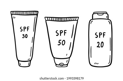 Set of tubes of sunscreen isolated on white background. Lotions 20, 30, 50 SPF for protection from ultraviolet light. Vector hand-drawn illustration in doodle style. Perfect for cards, logo.