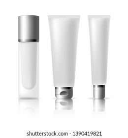 Set of tubes template for cosmetics, cream or medical ointment. Realistic vector mockup isolated on white background. Clear plastic and frosted glass.