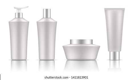 Set of tubes template for cosmetics, cream or medical ointment. Realistic vector mockup isolated on white background. Clear plastic and frosted glass.