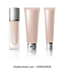 Set of tubes template for cosmetics. Gently pink skin cream. Realistic vector mockup isolated on white background.