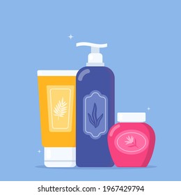 Set of tubes and vials cosmetics. Everything for beauty and skin care. Cosmetic bottles. Cream, gel, tube, soap. Products for beauty and cleanser. Vector illustration in flat style