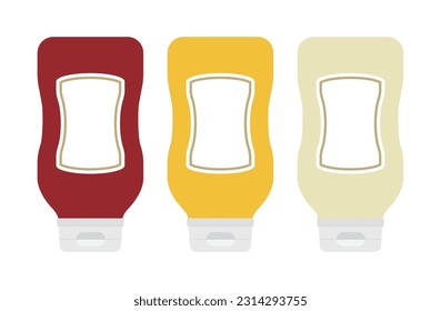 A set of tube-shaped packages containing ketchup, mustard and mayonnaise sauce.