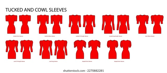 Set of Tucked and Cowl sleeves clothes - long, short, 3-4, elbow length, draped technical fashion illustration with fitted body. Flat apparel template front, back sides. Women, men unisex CAD mockup