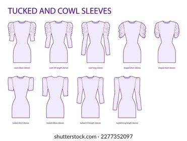 Set of Tucked and Cowl sleeves clothes - long, short, 3-4, elbow length, draped technical fashion illustration with fitted body. Flat apparel template front side. Women, men unisex CAD mockup