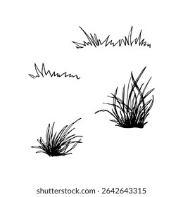 Een set grasplukjes in verschillende vormen en maten. Zwart-wit grafische vectorillustratie. Geïsoleerd op wit. Natuurlijke elementen perfect voor landschap en natuur thema ontwerpen.