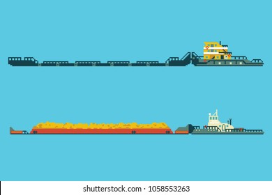 Set of tug with bulk cargo in 8 bit art style. Colored pixel vector illustration. Industrial cargo ships