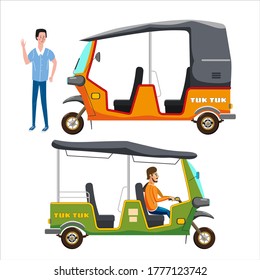 Set Tuk Tuk Asian auto rickshaw three wheeler tricycles with local driver. Thailand, Indian countries baby taxi. Vector illustration isolated cartoon style
