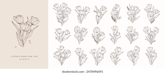 Set of tulip flower bouquets line art isolated. Spring floral tulips black logo wreath sketch plant. Vector illustration botanical stem, floral bloom