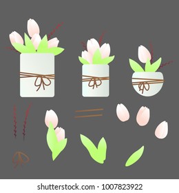 Set with tulip flowers and branches with buds in flower spots.  Set also has tulip flowers and leaves, branches and ropes separately
