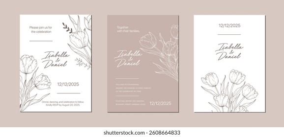Set of tulip line art wedding card design. Spring flower frame poster background template. Hand drawn floral birthday party abstract decoration invitation. Vector illustration