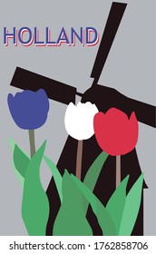 
Set of Tulips. Blue, white and red tulips and windmill (Netherlands)