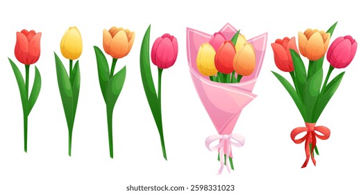 A set of tulips of different colors on a white background, individual flowers and bouquets. Isolated vector illustration for the design of postcards, clothing, textiles, banners and posters.