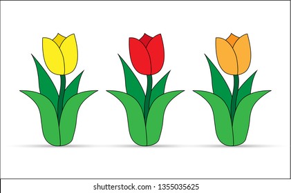Set of tulips with different flower color, flat design