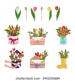 A set of tulips, flowers in a round box, vase and envelope. Spring and summer decorations. Delivery of bouquets. Vector illustration