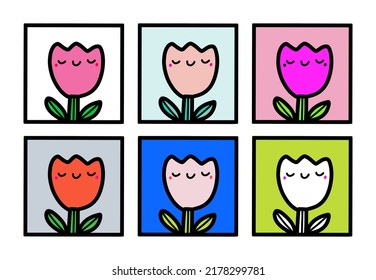 Set tulips hand drawn vector illustration icon symbol avatar in cartoon doodle style smiling plant kawaii